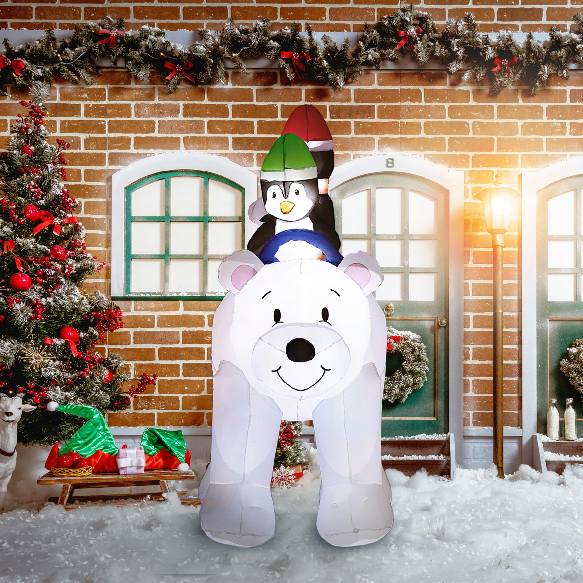 Outsunny 6.4FT Christmas Inflatable Two Penguins Riding on Polar Bear