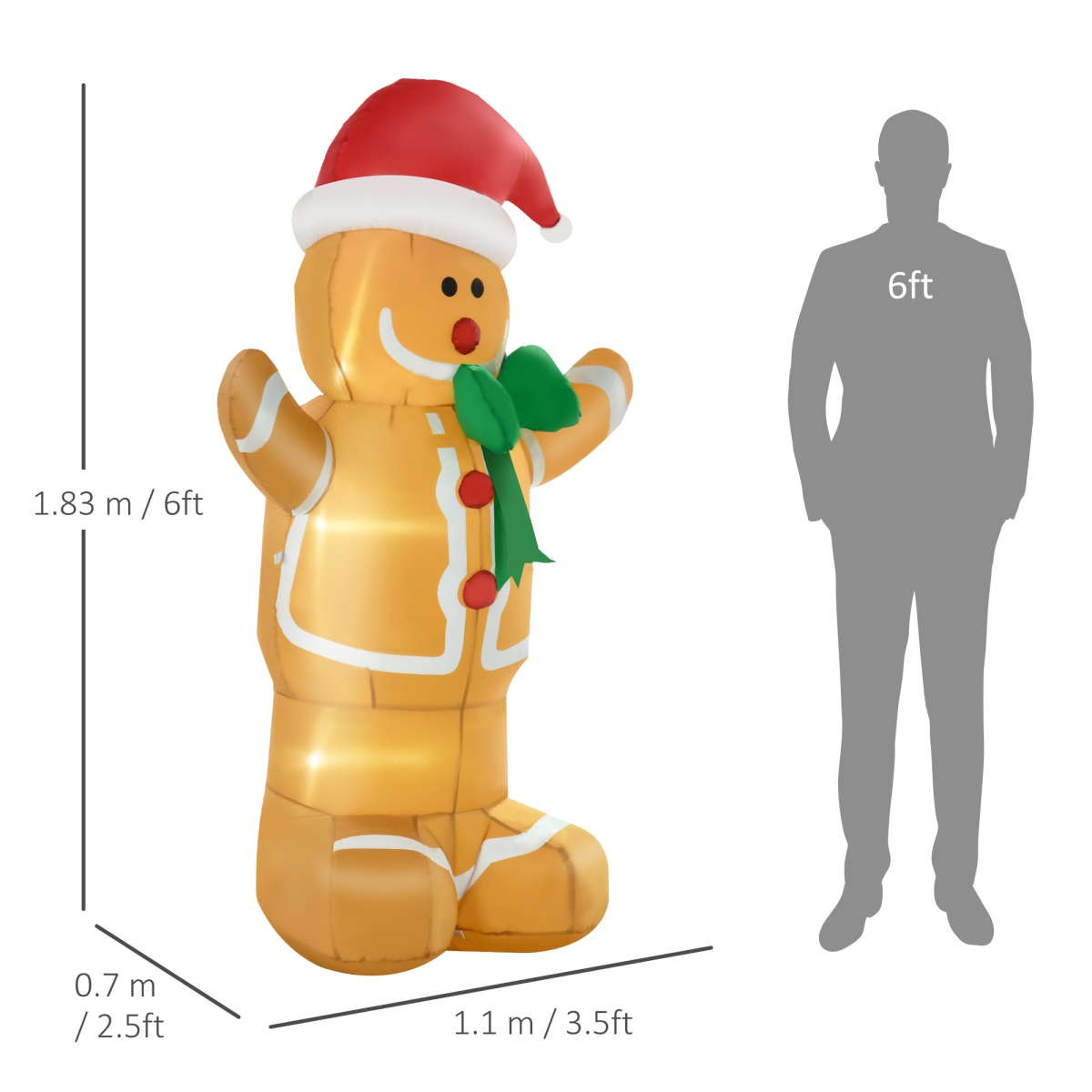 HOMCOM 6ft Christmas Inflatable Gingerbread Man & Santa Hat w/ LED Lights