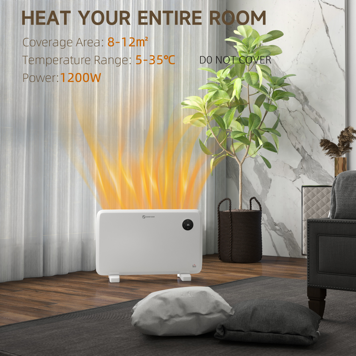 1200W Electric Convector Heater, Quiet Space Heater with LED Display, White