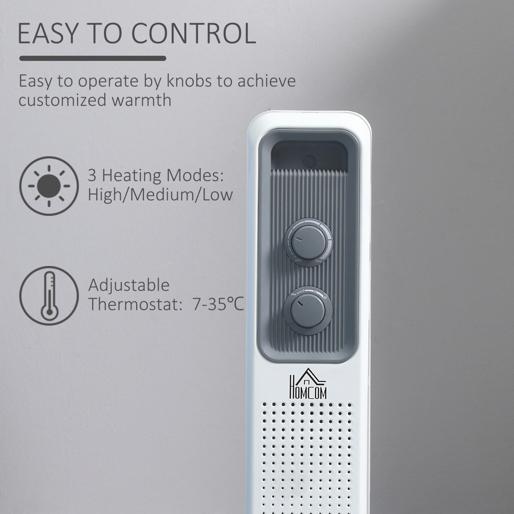 1630W Oil Filled Radiator, Adjustable Thermostat Safety switch, White