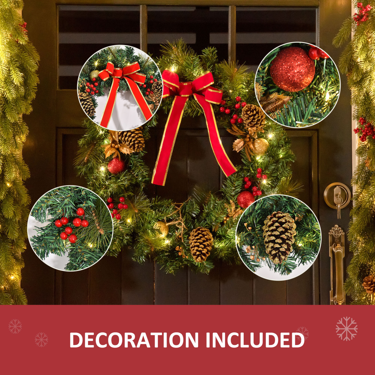 60cm Pre-Lit Artificial Christmas Door Wreath Holly LED Decor Pine Cones Hangin
