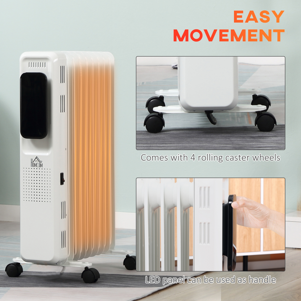 2180W Oil Filled Radiator, 9 Fin, Timer, 3 Set, Safety Cut-Off Remote White