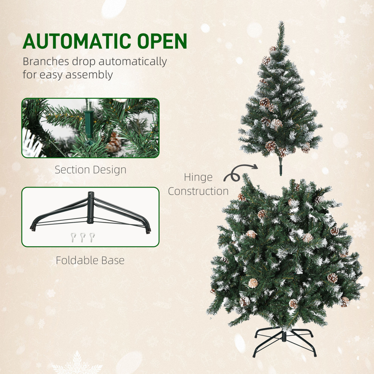 5FT Artificial Christmas Tree Xmas Indoor Decoration, Automatic Open HOMCOM