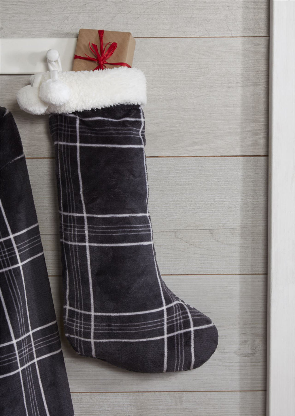PRINTED CHECK FLEECE WITH SHERPA CHRISTMAS STOCKING W/ POMPOM 45X20CM
