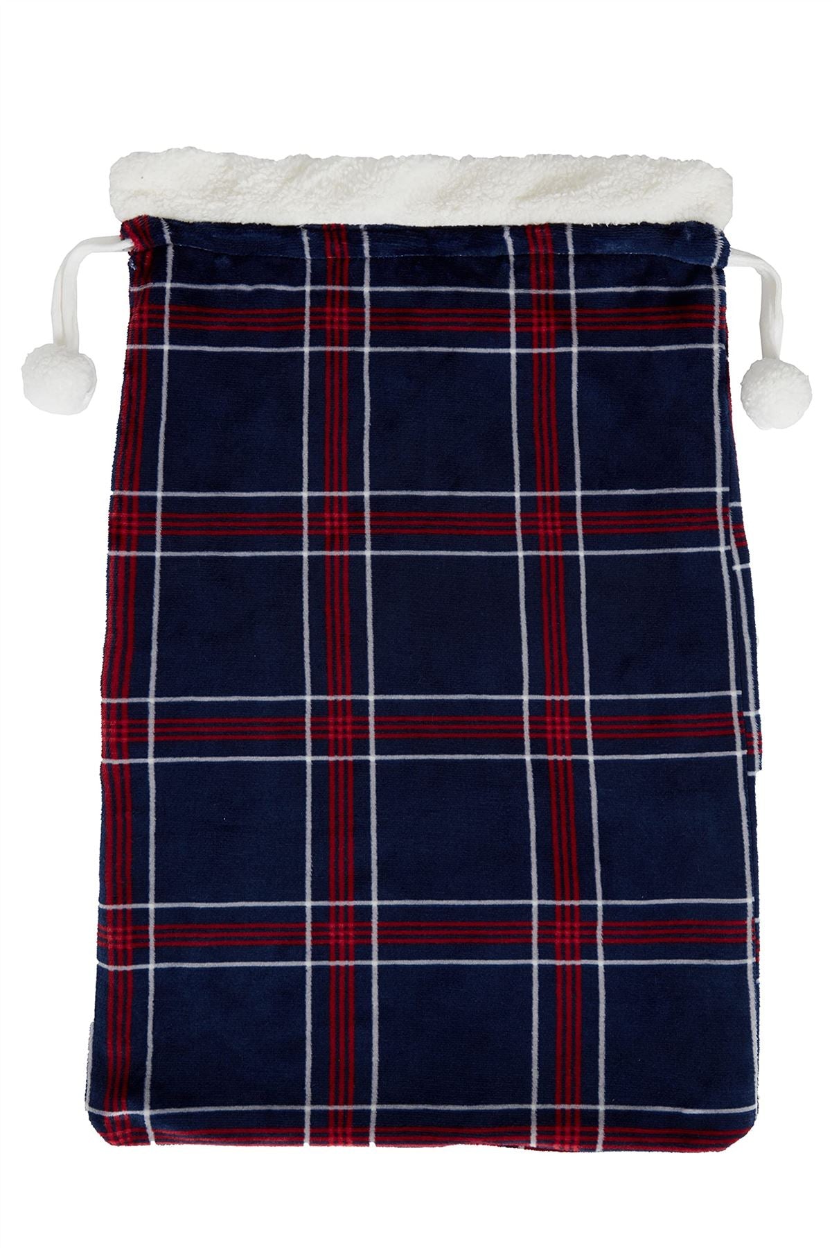 PRINTED CHECK FLEECE CHRISTMAS SACK NVY