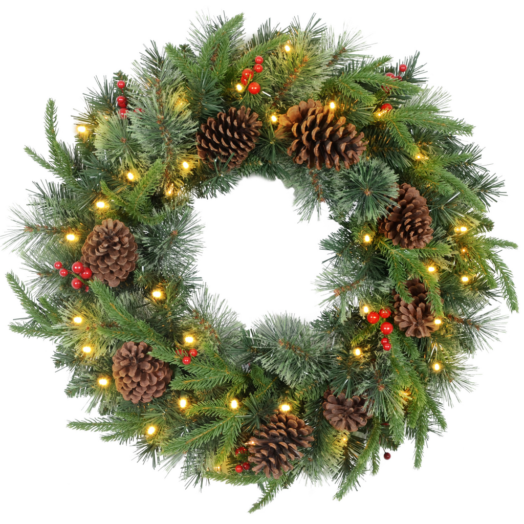 HOMCOM 60cm Christmas Wreath with LED Lights Pine Cones Red Berries Green