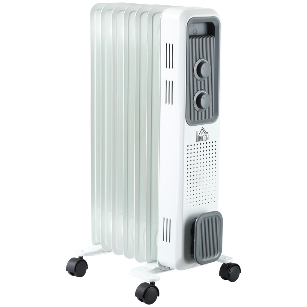 1630W Oil Filled Radiator, Adjustable Thermostat Safety switch, White